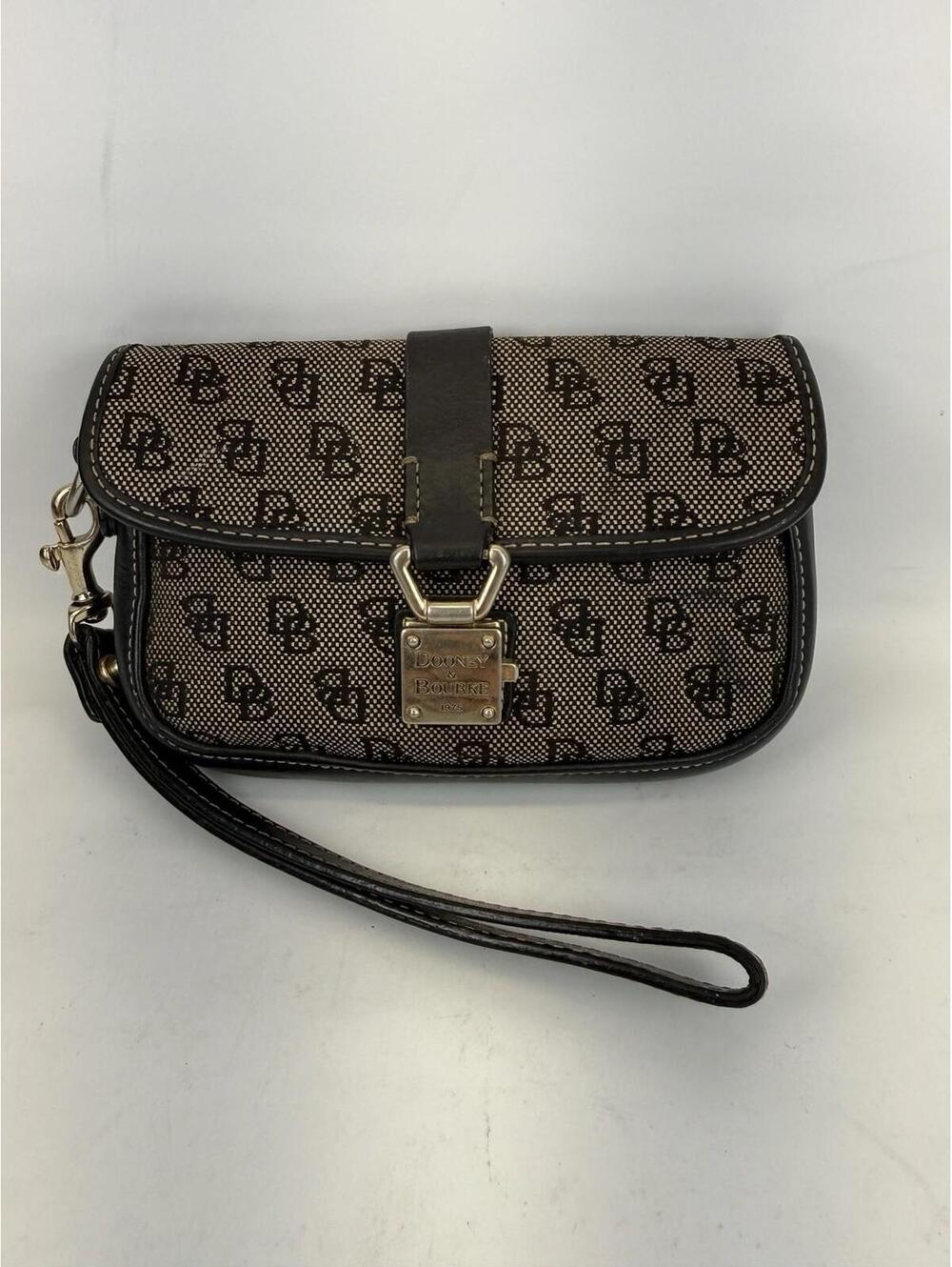 Vintage Dooney & Bourke Monogram Canvas Leather‎ Wristlet Bag Key Clasp Blk/grey